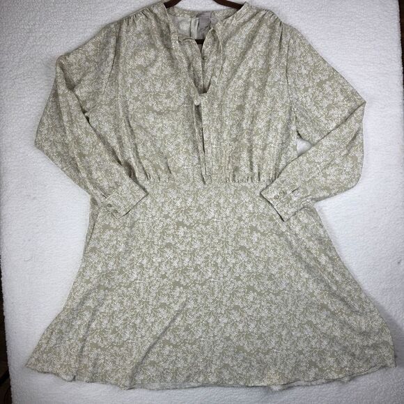 H&M Green White Ditsy Floral Long Sleeve V Neck Shift A Line Dress Size XXL - Picture 14 of 14